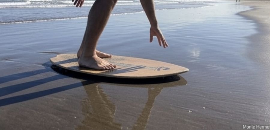 Skimboard sobre la arena mojada en Monte Hermoso